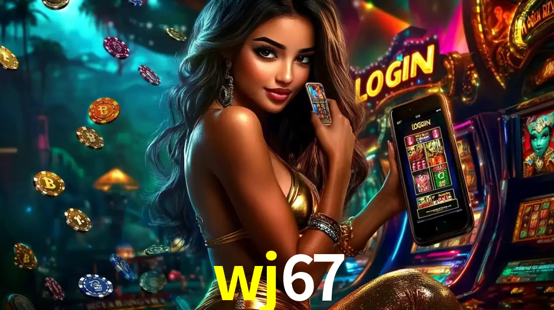 Mulher em um cenário de cassino temático de aventura, mostrando o app de caça-níqueis da wj67 no celular. Fichas de apostas flutuam ao redor.