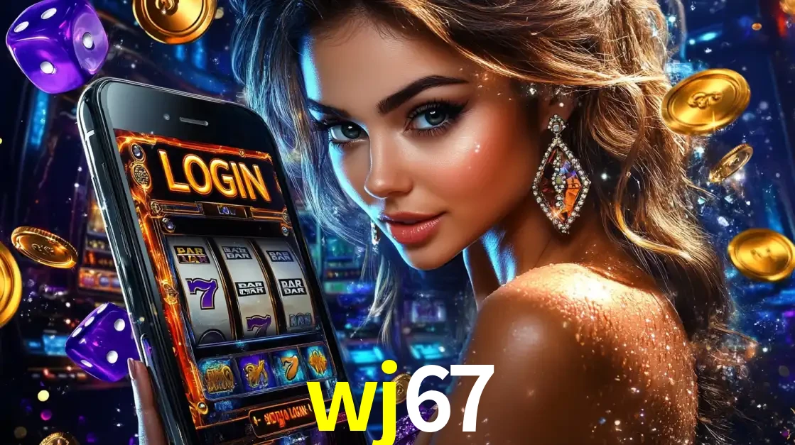 Mulher glamorosa segurando um smartphone com a tela de login para os jogos de caça-níqueis do cassino online wj67, com moedas de ouro e dados ao redor.