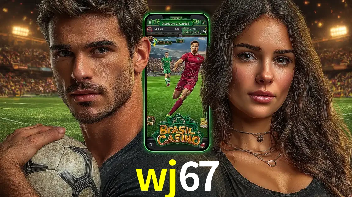 Homem segurando uma bola de futebol e uma mulher ao lado de um smartphone exibindo o jogo de apostas esportivas da wj67. Faça seu palpite no cassino online.